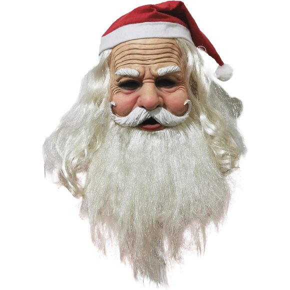 Christmas Red Santa claus Mask Realistic Latex Mask Santa Hat and Beard Overhead